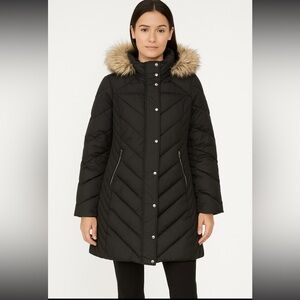 LONDON FOG 3X Black ZIP-FRONT LONG LENGTH PUFFER JACKET ZIP-OFF FUR TRIM HOOD